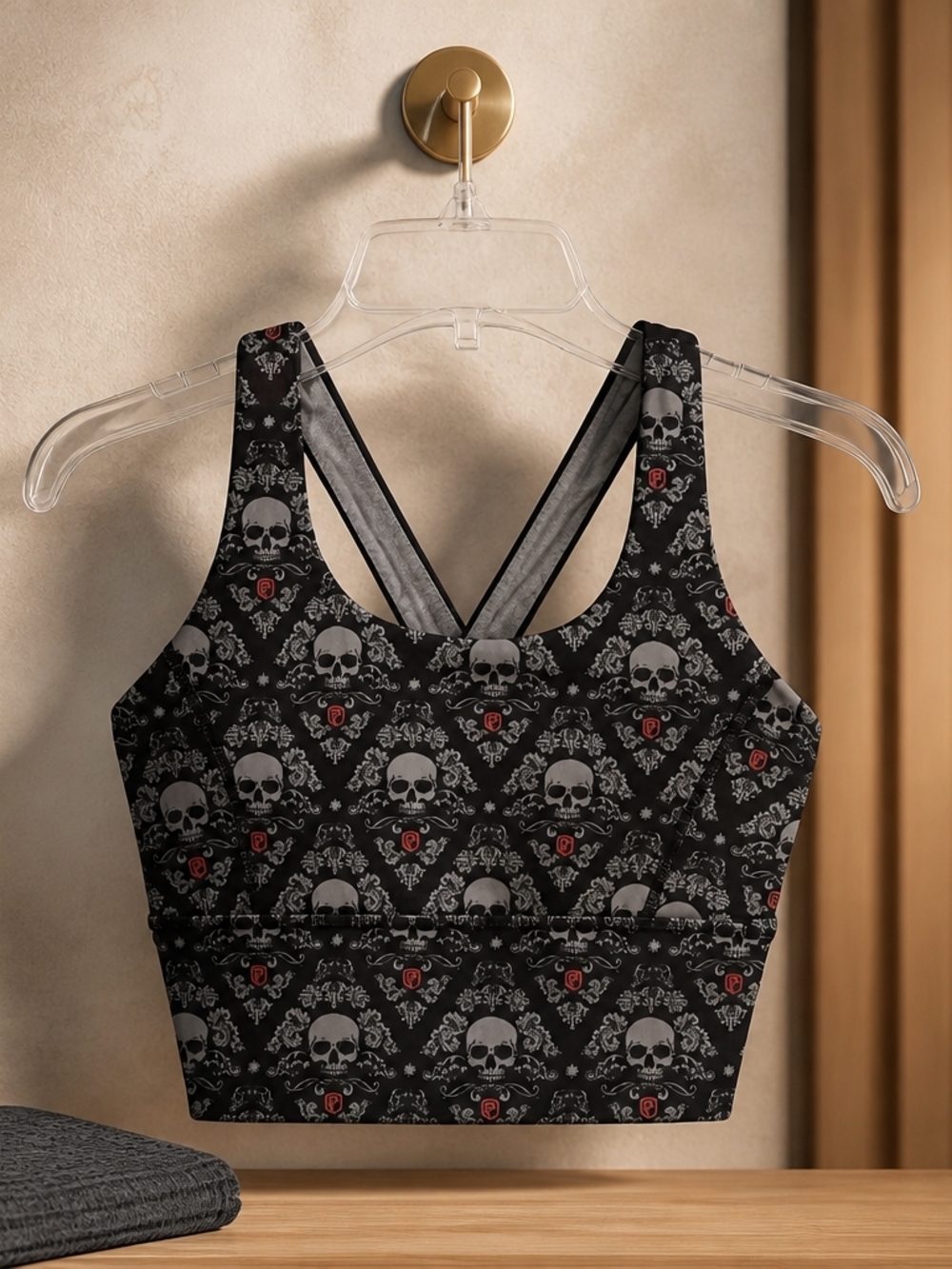 Born Primitive Black Skull Pattern Sports Crop Top with Red Accents
